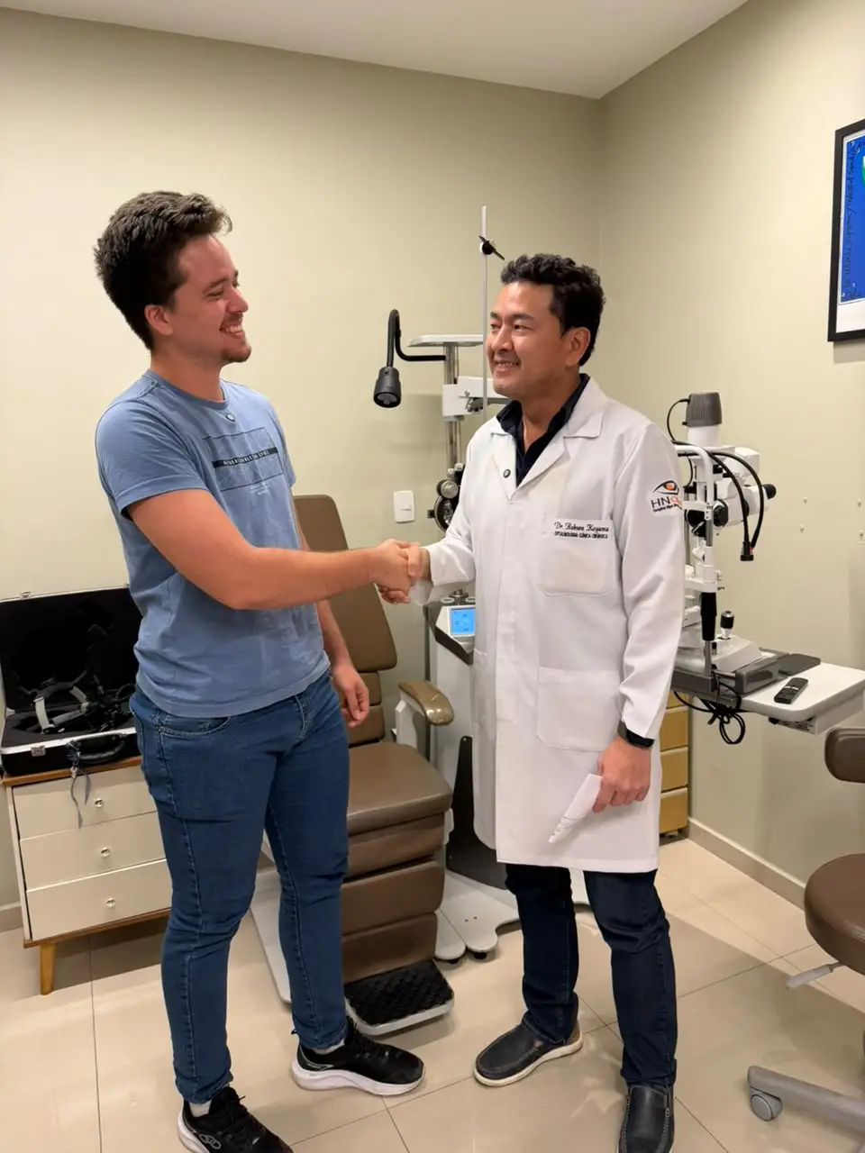 Paciente com o Dr. Robson Koyama em consultório do HNolhos